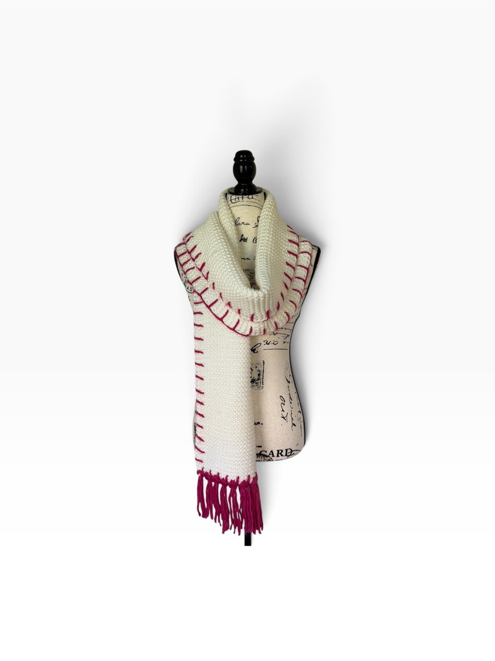 Aqua Ivory Knit Scarf Wrap Pink Stitching & Fringe Cottagecore Cozy Après-ski